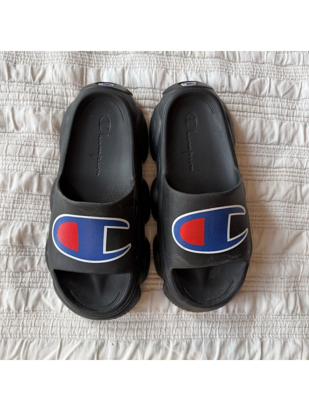 Champion IPO Squish Chunky Platform Slides Black Logo Sandals Men / Unisex